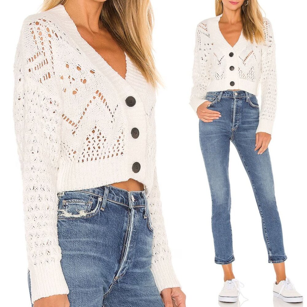 Free People Chloe Cardigan M Evening Cream White Loose Knit Cropped Sweater $128 - Picture 2 of 15